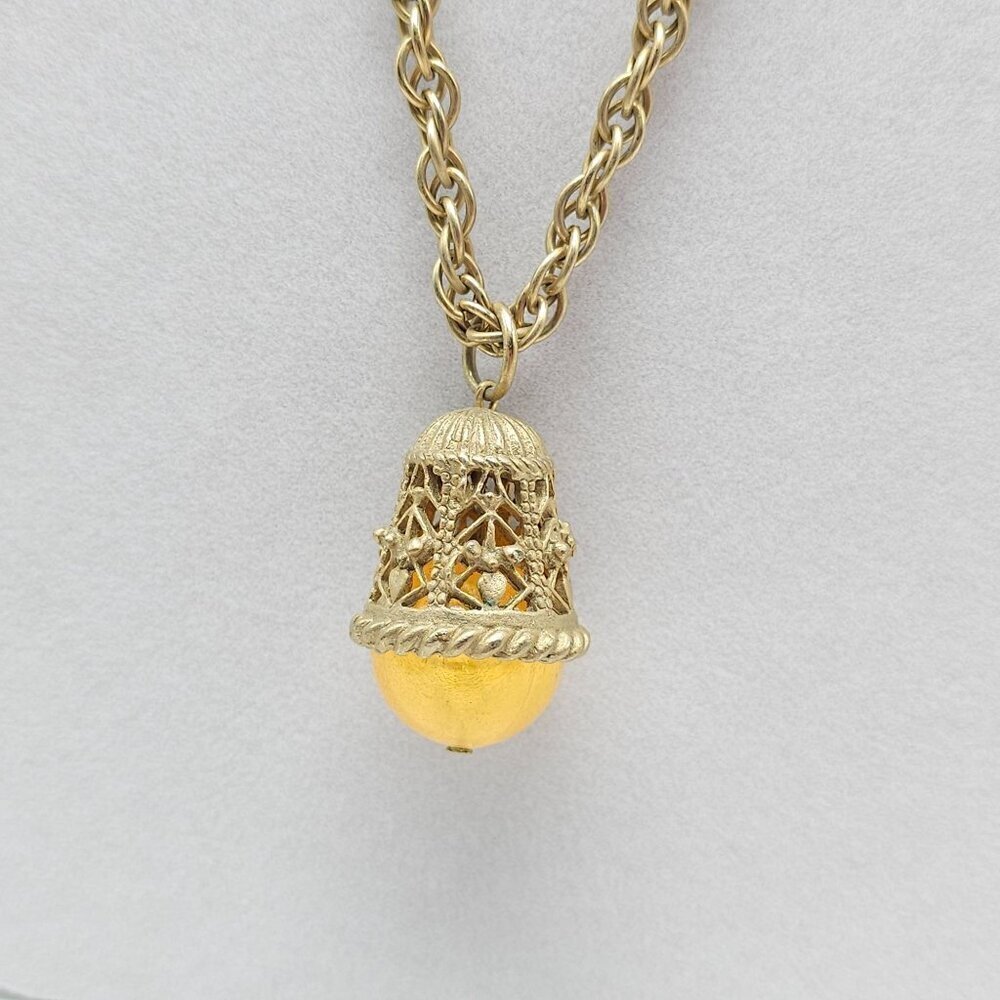 Vintage Gold Tone Filigree Necklace Topaz Colored Acrylic Pendant 24 Inch Chain